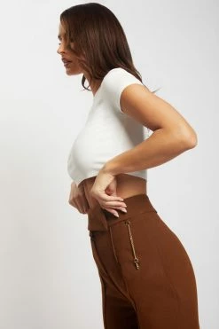 QNG Natasha Wide Leg Pants With Waistband - Chocolate