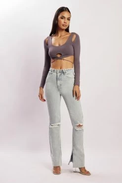 WXI Jessie Long Sleeve Cut Out Crop Top - Charcoal All Tops