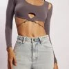 WXI Jessie Long Sleeve Cut Out Crop Top - Charcoal All Tops