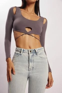 WXI Jessie Long Sleeve Cut Out Crop Top - Charcoal All Tops