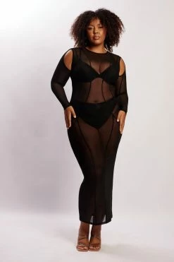BSD Ciara Mesh Cut Out Sleeve Maxi Dress - Black DRESSES
