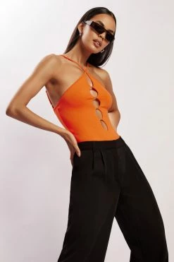 WXI All Tops Etta Beaded Cutout Bodysuit - Tangerine
