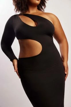 WXI Joyce One Shoulder Cut Out Midi Dress - Black