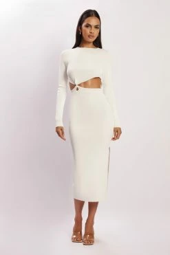 EMS Mila Twist Front Knit Midi Dress - White DRESSES 14 EMS Mila Twist Front Knit Midi Dress - White DRESSES