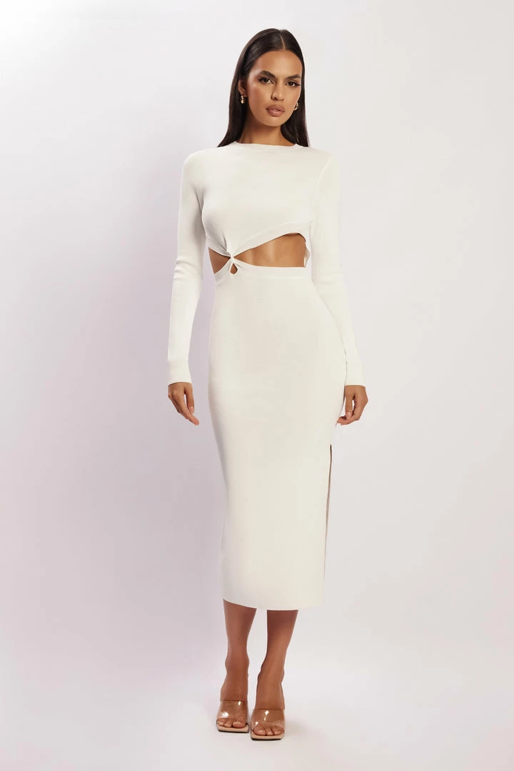 EMS Mila Twist Front Knit Midi Dress - White DRESSES 7 EMS Mila Twist Front Knit Midi Dress - White DRESSES