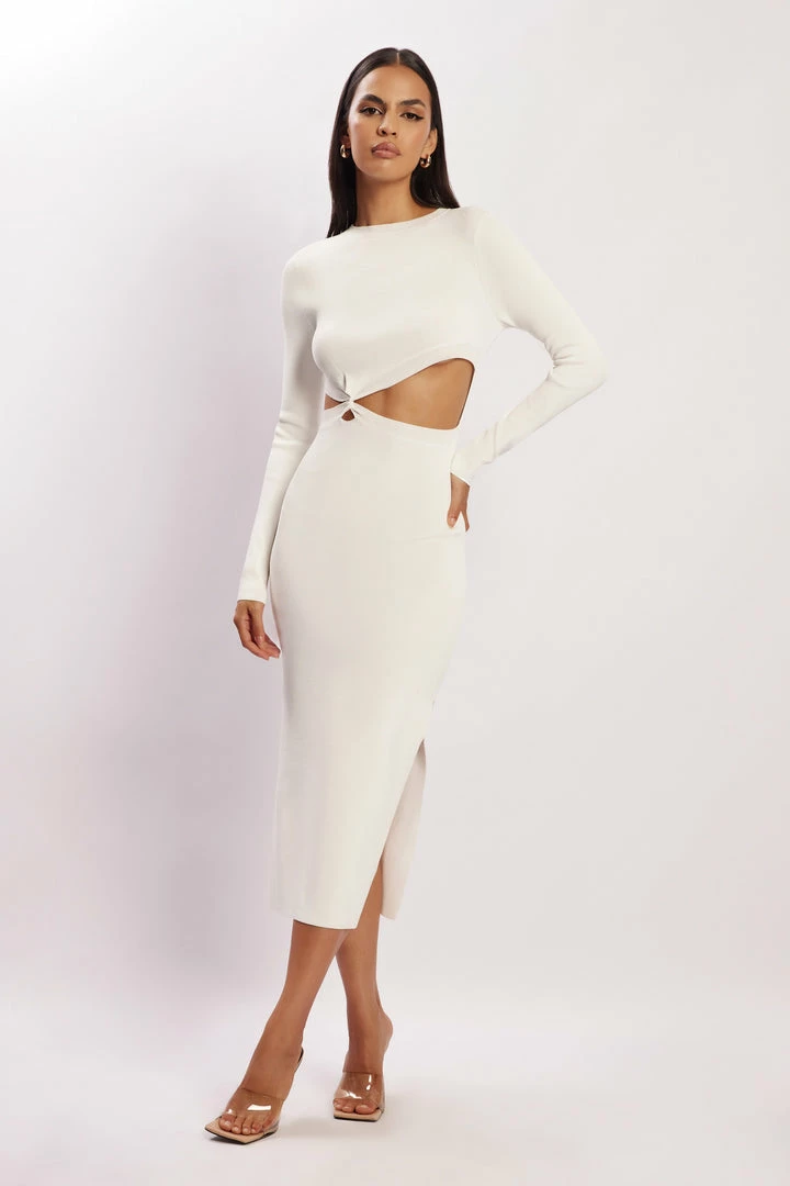 EMS Mila Twist Front Knit Midi Dress - White DRESSES 1 EMS Mila Twist Front Knit Midi Dress - White DRESSES