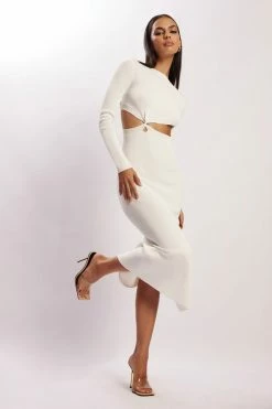 EMS Mila Twist Front Knit Midi Dress - White DRESSES 12 EMS Mila Twist Front Knit Midi Dress - White DRESSES
