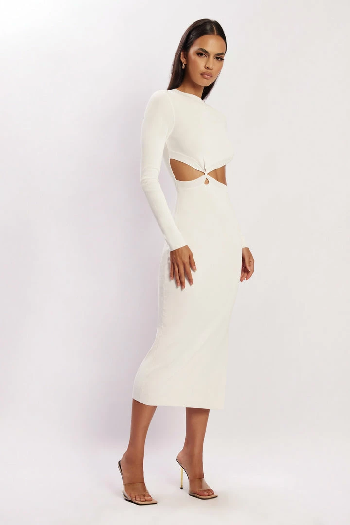EMS Mila Twist Front Knit Midi Dress - White DRESSES 6 EMS Mila Twist Front Knit Midi Dress - White DRESSES