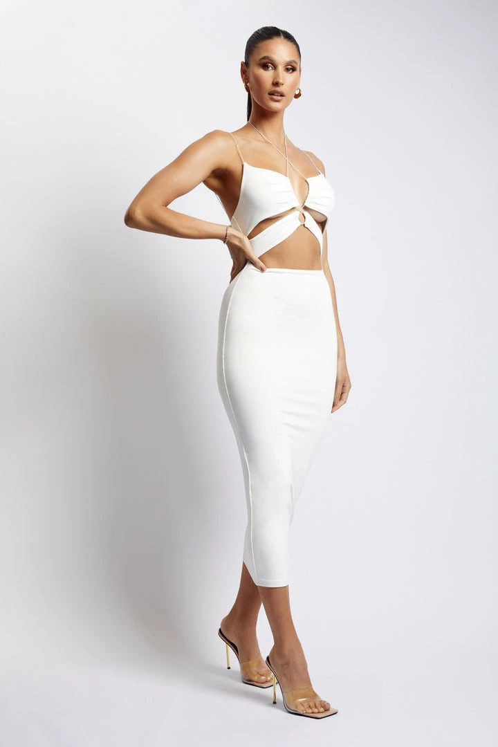 WXI Indiana Ruched Cut Out Midi Dress - White DRESSES 5 WXI Indiana Ruched Cut Out Midi Dress - White DRESSES