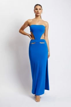 AMC Marissa Strapless Maxi Dress With Waist Tie - Cobalt Blue DRESSES