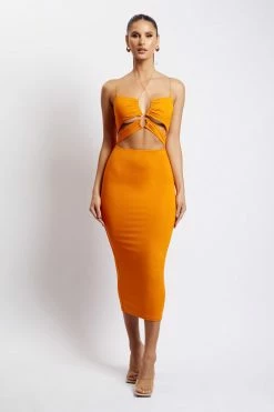 WXI DRESSES Indiana Ruched Cut Out Midi Dress - Mandarin 12 WXI DRESSES Indiana Ruched Cut Out Midi Dress - Mandarin
