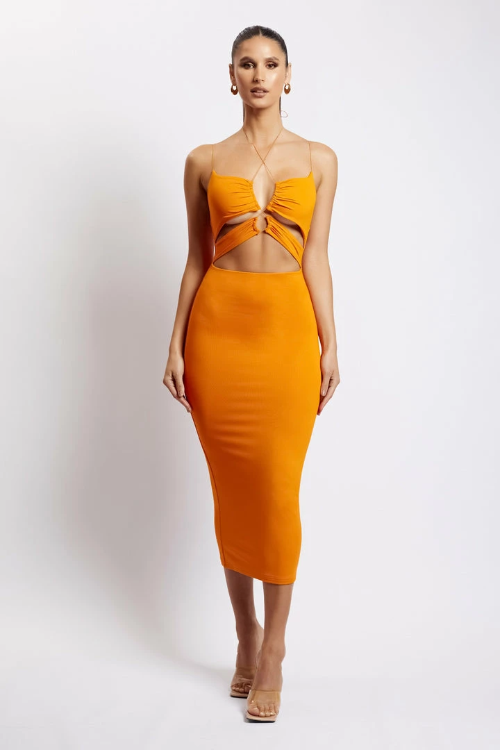 WXI DRESSES Indiana Ruched Cut Out Midi Dress - Mandarin 5 WXI DRESSES Indiana Ruched Cut Out Midi Dress - Mandarin