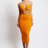 WXI DRESSES Indiana Ruched Cut Out Midi Dress - Mandarin