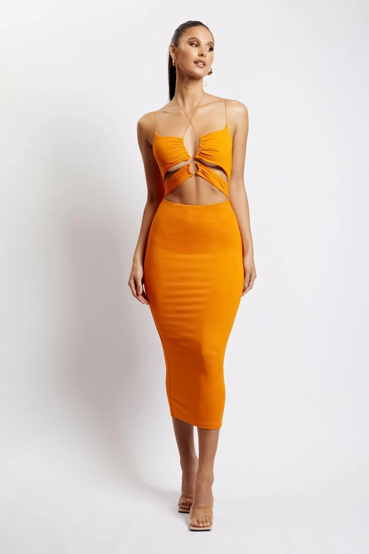 WXI DRESSES Indiana Ruched Cut Out Midi Dress - Mandarin 1 WXI DRESSES Indiana Ruched Cut Out Midi Dress - Mandarin