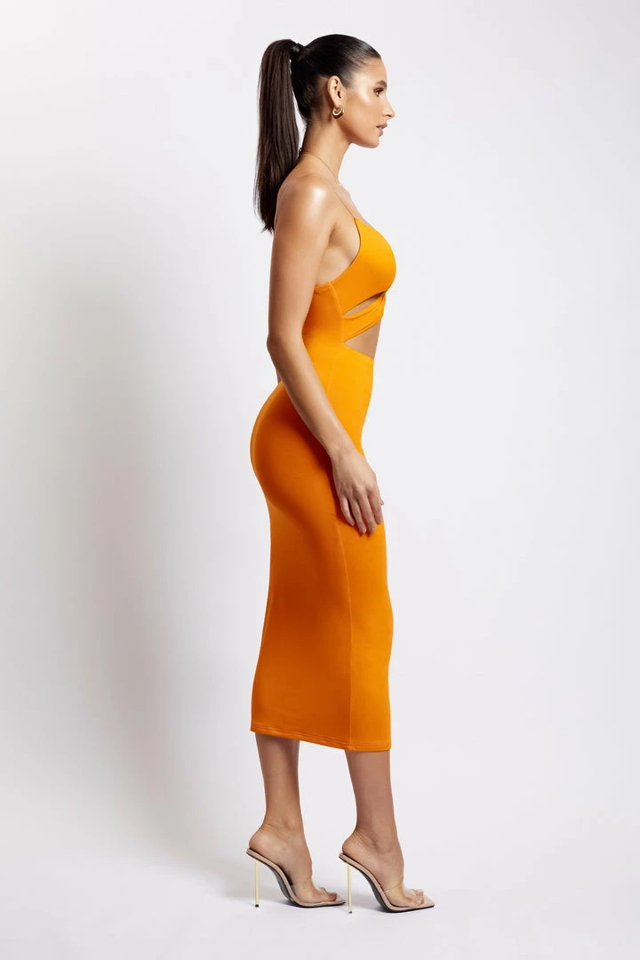 WXI DRESSES Indiana Ruched Cut Out Midi Dress - Mandarin 4 WXI DRESSES Indiana Ruched Cut Out Midi Dress - Mandarin