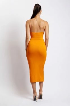 WXI DRESSES Indiana Ruched Cut Out Midi Dress - Mandarin