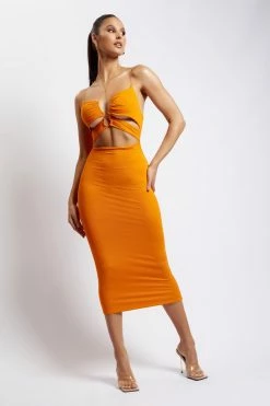 WXI DRESSES Indiana Ruched Cut Out Midi Dress - Mandarin 14 WXI DRESSES Indiana Ruched Cut Out Midi Dress - Mandarin