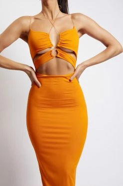 WXI DRESSES Indiana Ruched Cut Out Midi Dress - Mandarin 10 WXI DRESSES Indiana Ruched Cut Out Midi Dress - Mandarin