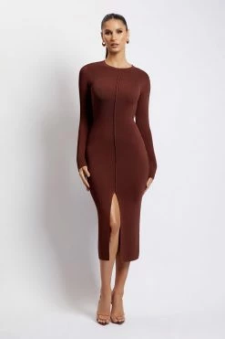 EMS Nada Pintuck Detail Knitted Midi Dress - Light Chocolate