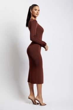 EMS Nada Pintuck Detail Knitted Midi Dress - Light Chocolate