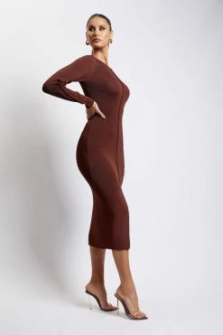 EMS Nada Pintuck Detail Knitted Midi Dress - Light Chocolate