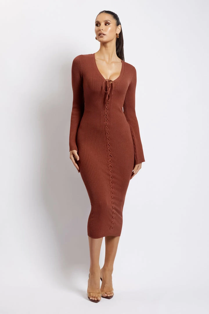 SOP DRESSES Annika Lace Up Knit Midi Dress - Light Chocolate 6 SOP DRESSES Annika Lace Up Knit Midi Dress - Light Chocolate