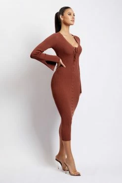 SOP DRESSES Annika Lace Up Knit Midi Dress - Light Chocolate 14 SOP DRESSES Annika Lace Up Knit Midi Dress - Light Chocolate