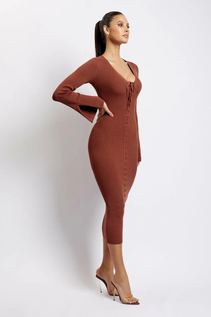 SOP DRESSES Annika Lace Up Knit Midi Dress - Light Chocolate 5 SOP DRESSES Annika Lace Up Knit Midi Dress - Light Chocolate