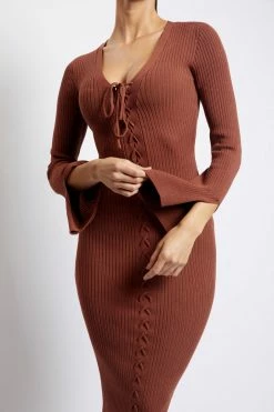 SOP DRESSES Annika Lace Up Knit Midi Dress - Light Chocolate 12 SOP DRESSES Annika Lace Up Knit Midi Dress - Light Chocolate