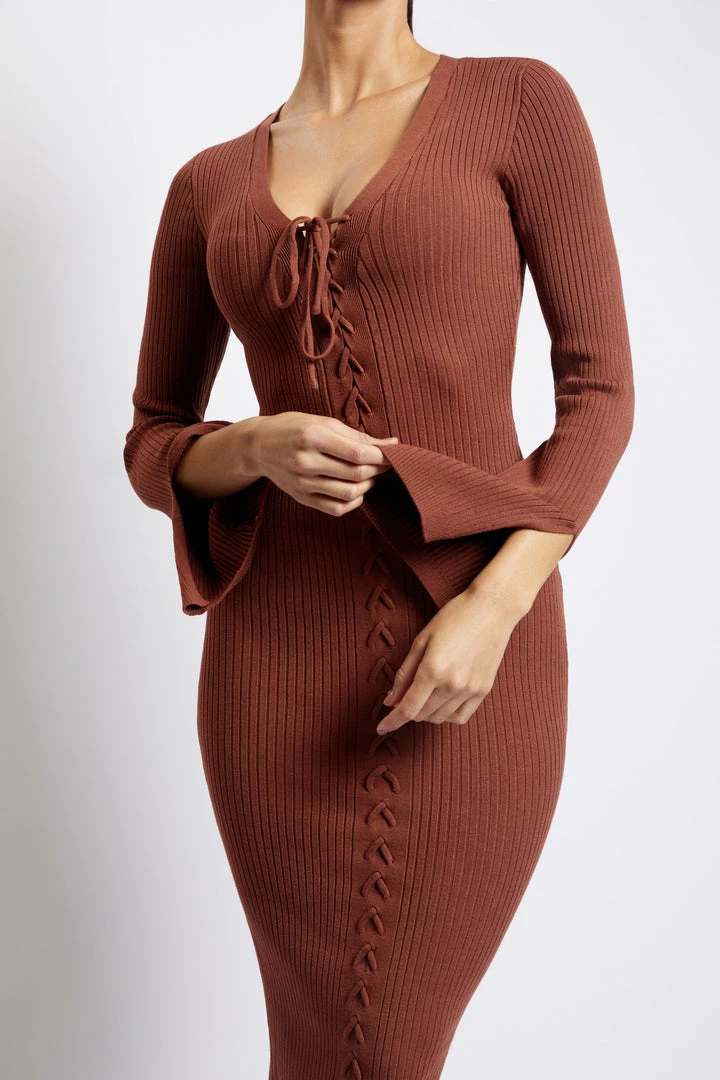 SOP DRESSES Annika Lace Up Knit Midi Dress - Light Chocolate 3 SOP DRESSES Annika Lace Up Knit Midi Dress - Light Chocolate