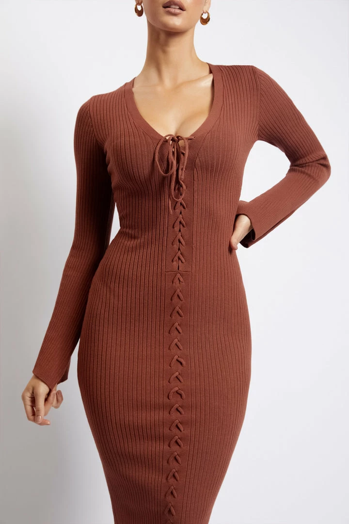SOP DRESSES Annika Lace Up Knit Midi Dress - Light Chocolate 7 SOP DRESSES Annika Lace Up Knit Midi Dress - Light Chocolate