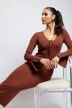 SOP DRESSES Annika Lace Up Knit Midi Dress - Light Chocolate