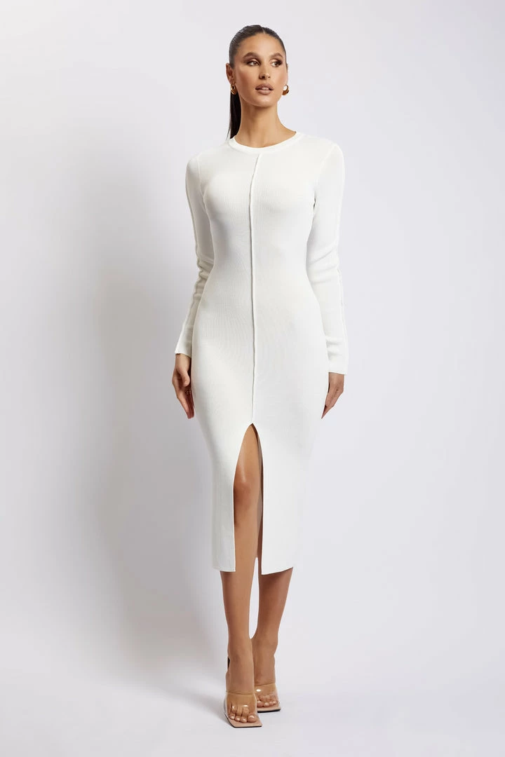 EMS DRESSES Nada Pintuck Detail Knitted Midi Dress - White 2 EMS DRESSES Nada Pintuck Detail Knitted Midi Dress - White