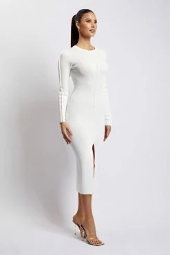 EMS DRESSES Nada Pintuck Detail Knitted Midi Dress - White 16 EMS DRESSES Nada Pintuck Detail Knitted Midi Dress - White