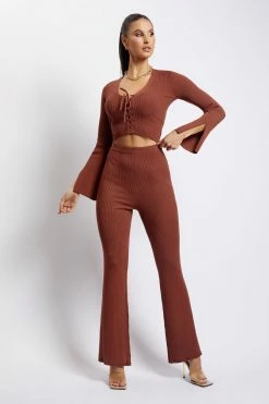 SOP Gemima Flare Knitted Pant - Light Chocolate Two Piece Sets