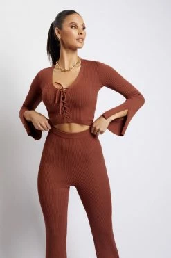 SOP Gemima Flare Knitted Pant - Light Chocolate Two Piece Sets