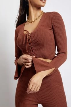 SOP Gemima Lace Up Knit Crop Top - Light Chocolate Two Piece Sets 10 SOP Gemima Lace Up Knit Crop Top - Light Chocolate Two Piece Sets