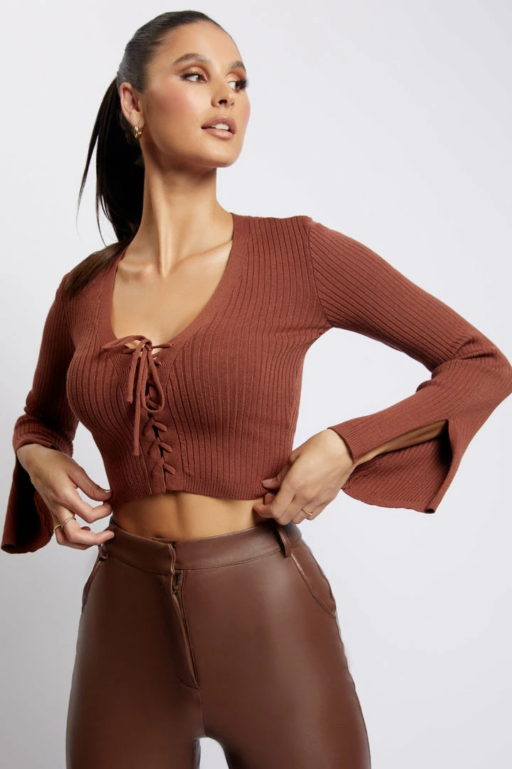 SOP Gemima Lace Up Knit Crop Top - Light Chocolate Two Piece Sets 6 SOP Gemima Lace Up Knit Crop Top - Light Chocolate Two Piece Sets