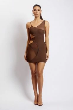ROM DRESSES Aubrey Mesh Cut Out Mini Dress - Chocolate