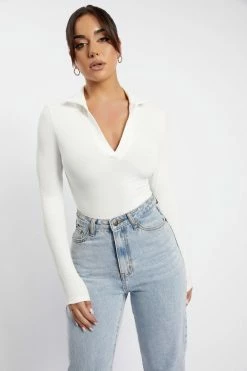 ROM Belle Long Sleeve Collar Bodysuit - White