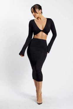 WXI Samantha Long Sleeve Twist Front Crop Top - Black All Tops