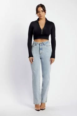 WXI All Tops Rebecca Zip Up Crop Long Sleeve Top - Black