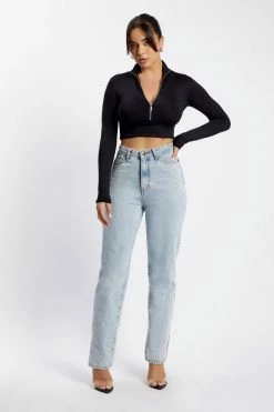 WXI All Tops Rebecca Zip Up Crop Long Sleeve Top - Black