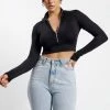WXI All Tops Rebecca Zip Up Crop Long Sleeve Top - Black