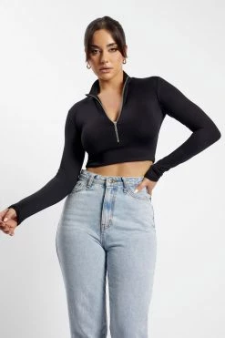 WXI All Tops Rebecca Zip Up Crop Long Sleeve Top - Black