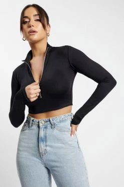 WXI All Tops Rebecca Zip Up Crop Long Sleeve Top - Black