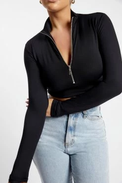 WXI All Tops Rebecca Zip Up Crop Long Sleeve Top - Black