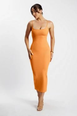 ROM DRESSES Alexis Ribbed Cami Midi Dress - Tangerine