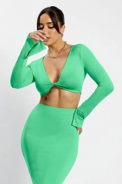 WXI Samantha Long Sleeve Twist Front Crop Top - Fresh Green