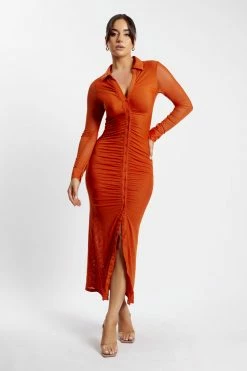 ROM Jenny Mesh Ruched Maxi Dress - Burnt Orange